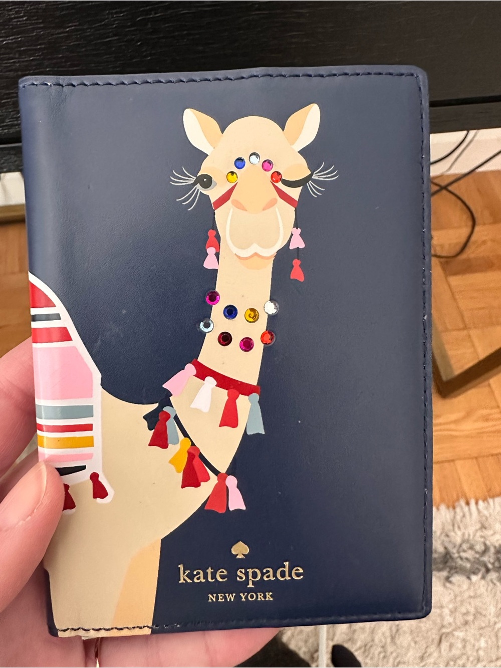 kate spade Navy Camel Passport Cover with Colorful Tassels